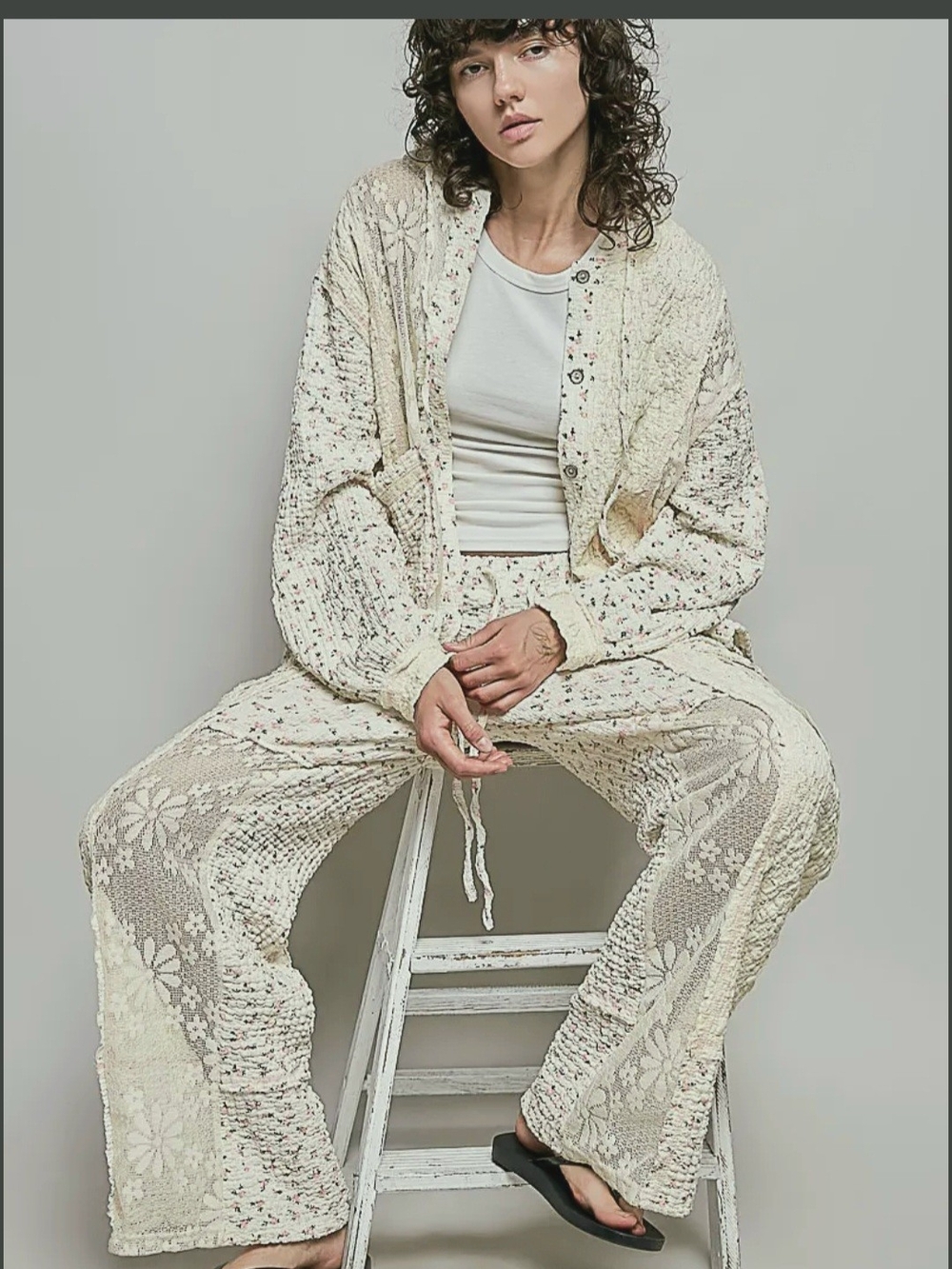 POL New Set! Cream Crochet And Lace Wide-Leg Track Pants And Shacket